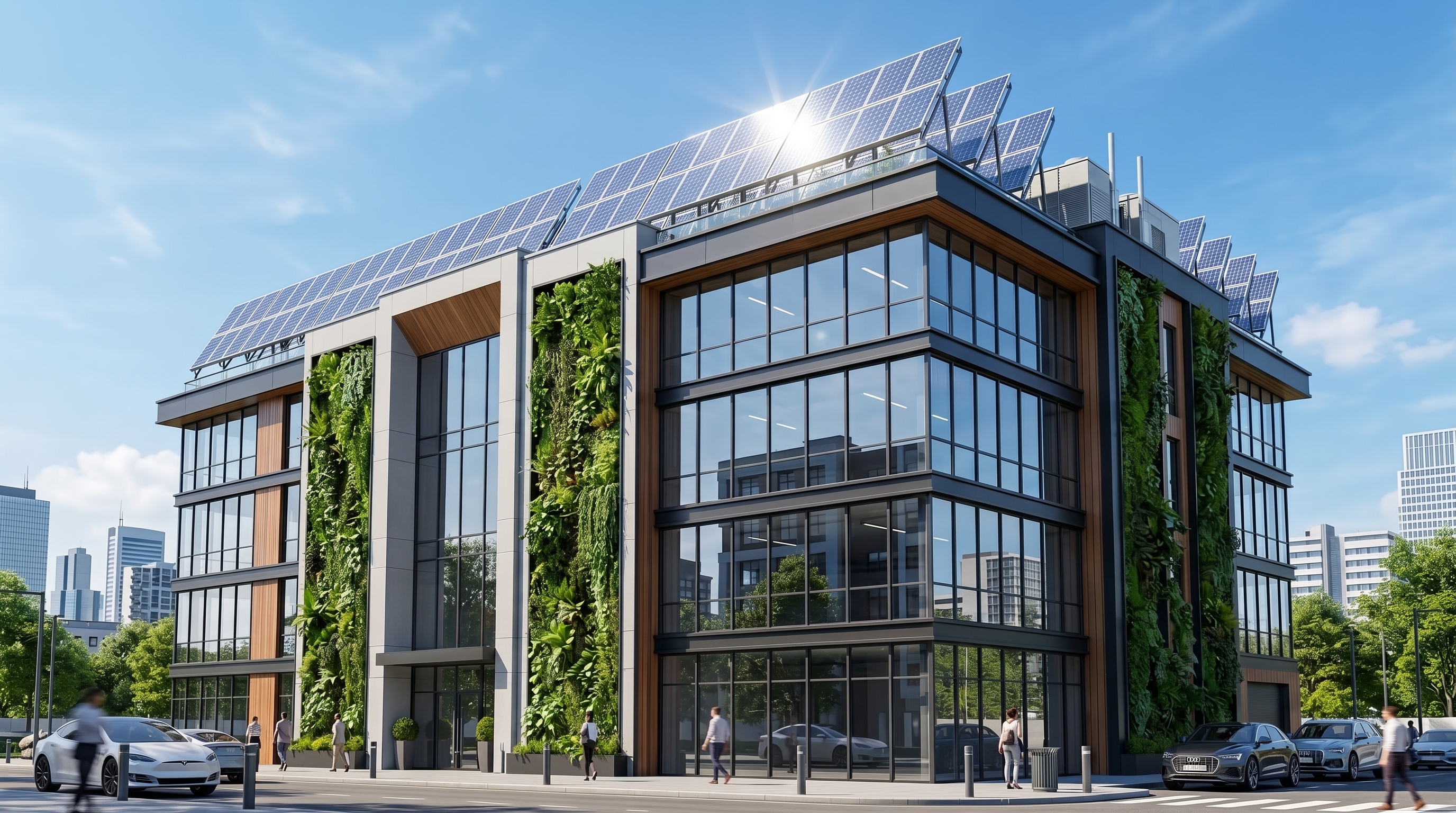 Edificio riqualificato con pannelli fotovoltaici e verde verticale